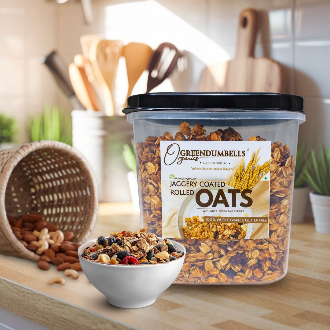 FI10 Jaggery Coated Rolled Oats, Granola 750g | Healthy Snack | GreenDumbells - Image 1