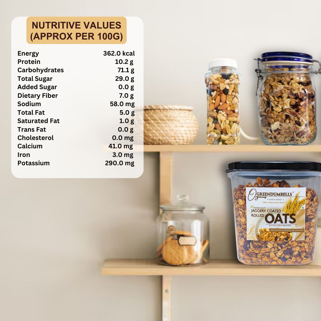 GD Product Img (1) Jaggery Coated Rolled Oats, Granola 750g | Healthy Snack | GreenDumbells - Image 3