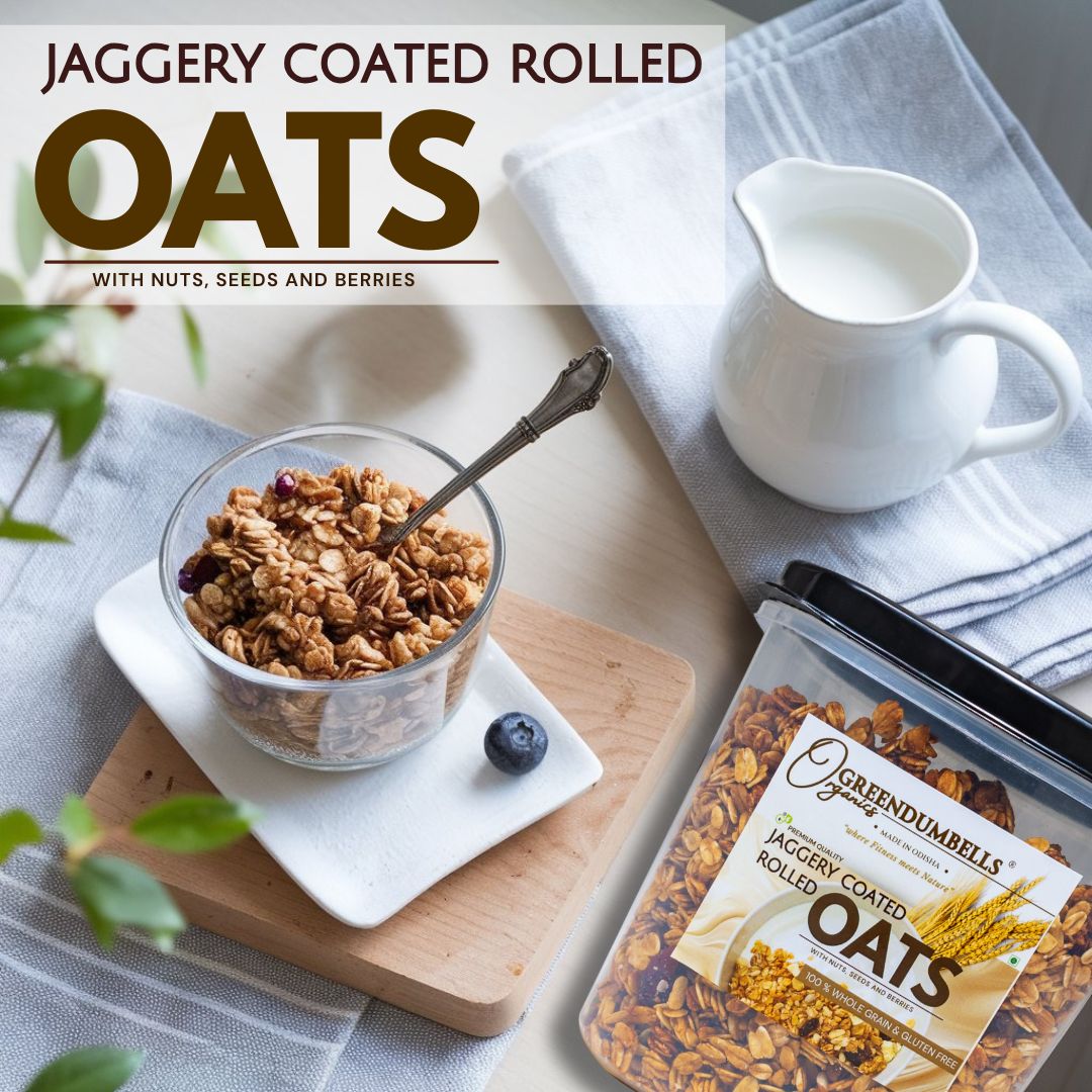 GD Product Img Jaggery Coated Rolled Oats, Granola 750g | Healthy Snack | GreenDumbells - Image 2