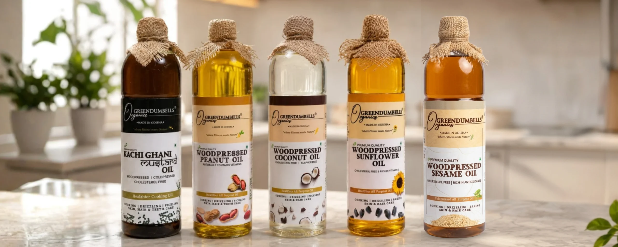 Cold Pressed Mustard Oil, Cold Pressed Coconut Oil, Cold Pressed Sunflower Oil, Cold Pressed Groundnut Oil, Cold Pressed Sesame Oil bottles